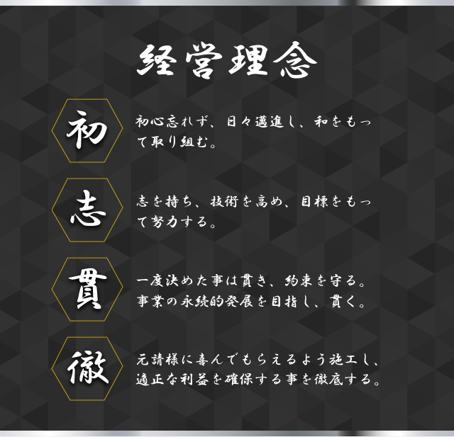 【経営理念】初心忘れず、日々邁進し、和をもって取り組む。志を持ち、技術を高め、目標をもって努力する。一度決めた事は貫き、約束を守る。事業の永続的発展を目指し、貫く。元請様に喜んでもらえるよう施工し、適正な利益を確保する事を徹底する。