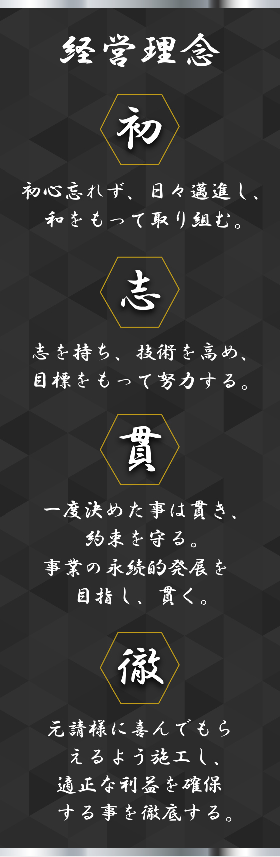 【経営理念】初心忘れず、日々邁進し、和をもって取り組む。志を持ち、技術を高め、目標をもって努力する。一度決めた事は貫き、約束を守る。事業の永続的発展を目指し、貫く。元請様に喜んでもらえるよう施工し、適正な利益を確保する事を徹底する。